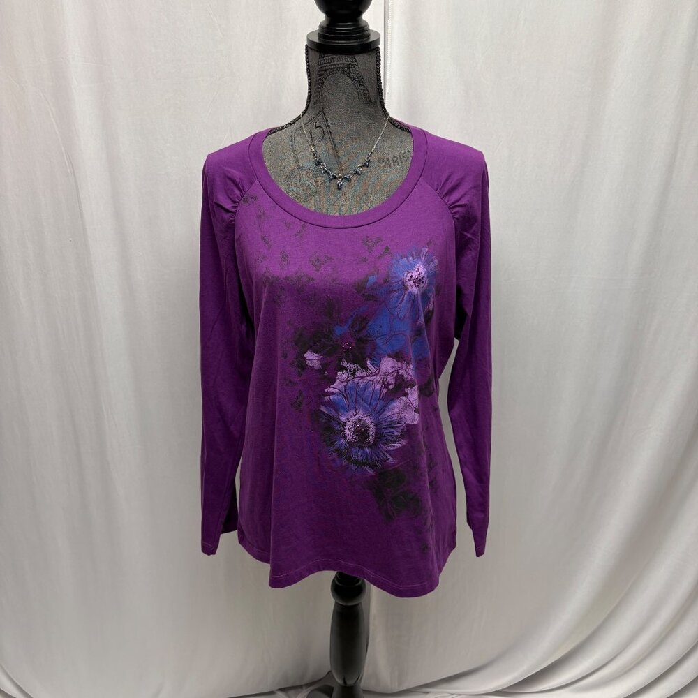 Faded Glory Purple Long Sleeve Floral Top Womens Size Large 12-14 Comfy Casual